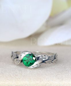 Leaf Ring With Emerald Gemstone In Silver, Green Stone Leaf Ring - Image 10