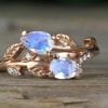 Rose gold moonstone engagement ring, Rainbow moonstone leaf engagement ring