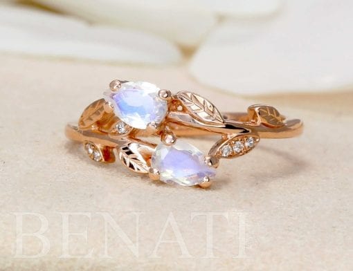 Moonstone Engagement Ring, Rose Gold Vintage Delicate Pear Shaped Cut Moonstone Ring
