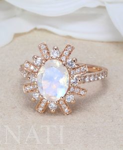 Moonstone engagement ring, Vintage oval moonstone and diamond rose gold ring - Image 2