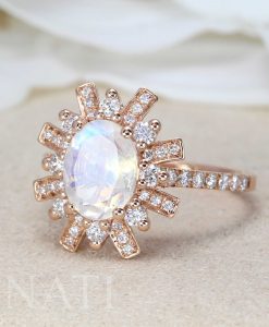 Moonstone engagement ring, Vintage oval moonstone and diamond rose gold ring - Image 3