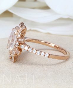 Moonstone engagement ring, Vintage oval moonstone and diamond rose gold ring - Image 5