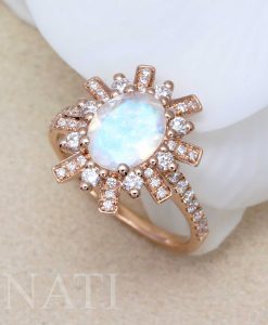 Moonstone engagement ring, Vintage oval moonstone and diamond rose gold ring - Image 10