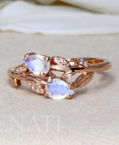 Pear Cut Rainbow Moonstone Nature Inspired Ring, Vintage Moonstone Engagement Ring in Solid Gold - Image 5