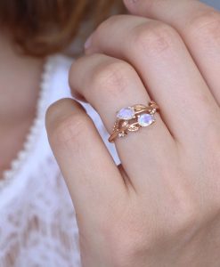 Pear Cut Rainbow Moonstone Nature Inspired Ring, Vintage Moonstone Engagement Ring in Solid Gold - Image 10
