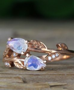Pear Cut Rainbow Moonstone Nature Inspired Ring, Vintage Moonstone Engagement Ring in Solid Gold - Image 13