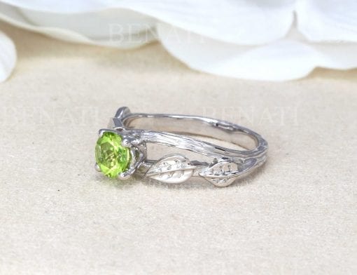 Peridot Engagement Ring, Leaf Engagement Ring With Peridot