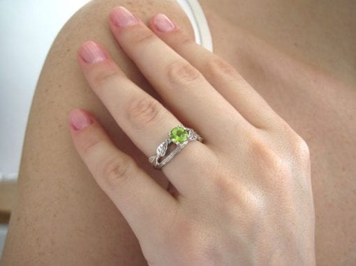 Peridot Engagement Ring, Leaf Engagement Ring With Peridot