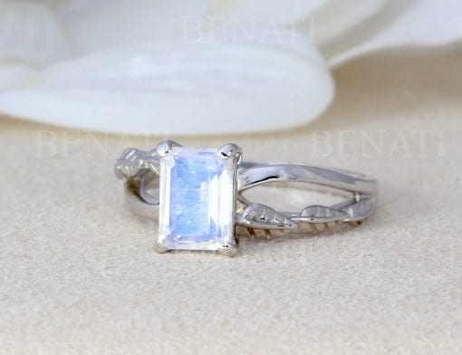 Rose Gold Moonstone Engagement Ring, Emerald Cut Moonstone Leaves Engagement Ring