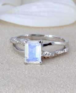 Rose Gold Moonstone Engagement Ring, Emerald Cut Moonstone Leaves Engagement Ring - Image 2