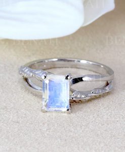 Rose Gold Moonstone Engagement Ring, Emerald Cut Moonstone Leaves Engagement Ring - Image 4