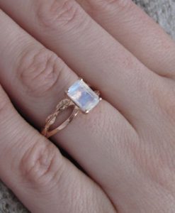 Rose Gold Moonstone Engagement Ring, Emerald Cut Moonstone Leaves Engagement Ring - Image 7