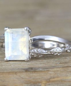 Rose Gold Moonstone Engagement Ring, Emerald Cut Moonstone Leaves Engagement Ring - Image 8