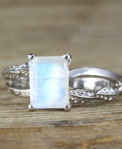 Rose Gold Moonstone Engagement Ring, Emerald Cut Moonstone Leaves Engagement Ring - Image 9