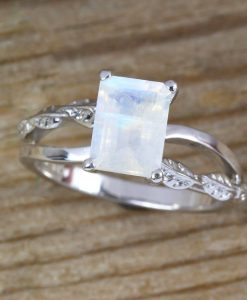 Rose Gold Moonstone Engagement Ring, Emerald Cut Moonstone Leaves Engagement Ring - Image 10