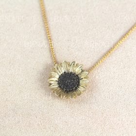 14K / 18K Solid Gold and Black Diamonds Sunflower Pendant Necklace for Women | Flower Charm Necklace | Nature Lover Gift | Benati
