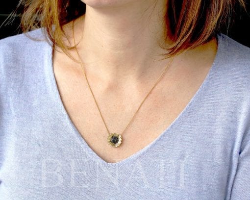 14K / 18K Solid Gold and Black Diamonds Sunflower Pendant Necklace for Women | Flower Charm Necklace | Nature Lover Gift | Benati