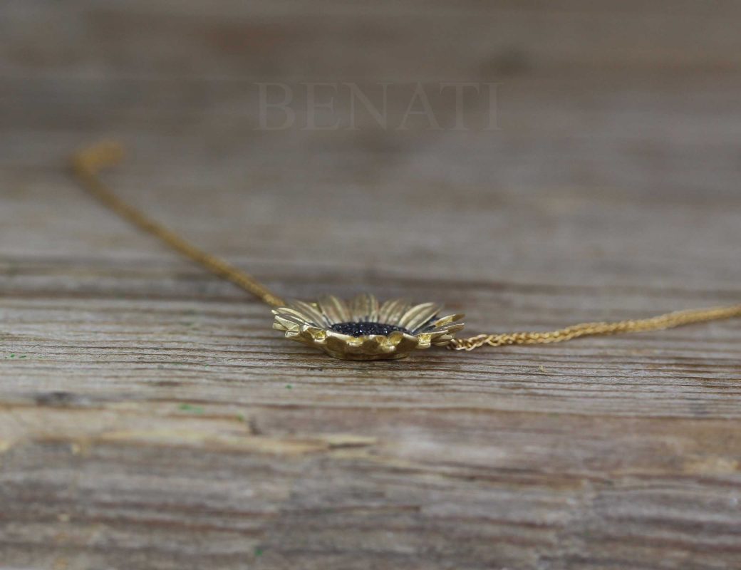 14K / 18K Solid Gold and Black Diamonds Sunflower Pendant Necklace for