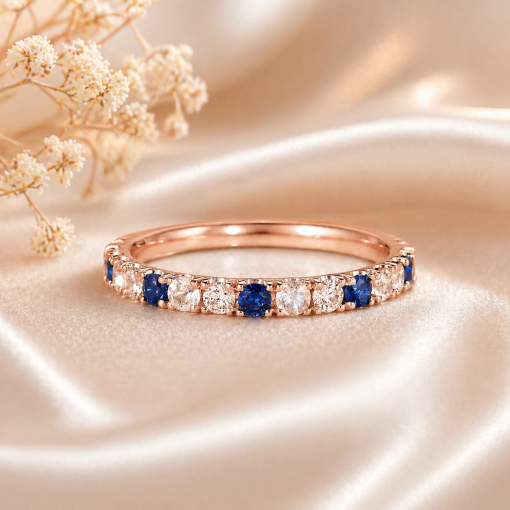 Sapphire Diamond Moonstone Eternity Band, Pave Eternity Wedding Ring