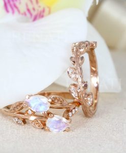 Pear Cut Rainbow Moonstone Nature Inspired  Set Ring, Wedding Ring Set - Image 2