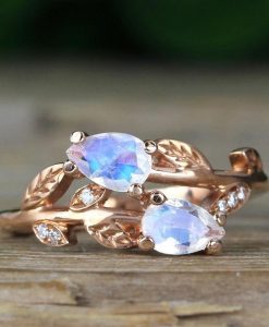 Pear Cut Rainbow Moonstone Nature Inspired  Set Ring, Wedding Ring Set - Image 3