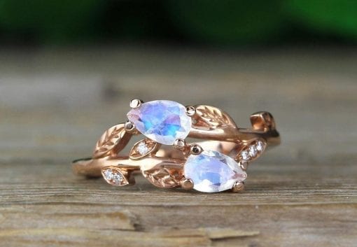 Pear Cut Rainbow Moonstone Nature Inspired  Set Ring, Wedding Ring Set