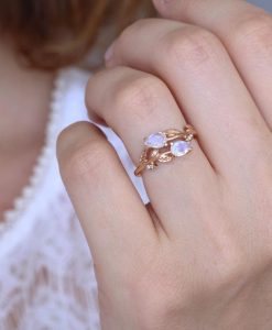 Pear Cut Rainbow Moonstone Nature Inspired  Set Ring, Wedding Ring Set - Image 6