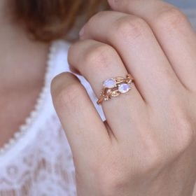 Pear Cut Rainbow Moonstone Nature Inspired  Set Ring, Wedding Ring Set