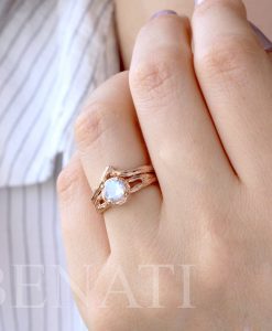 Wedding Set with Moonstone Wood Engagement Ring, Bridel Set Twig Ring - Image 4