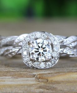 Moissanite Unique Bridal Engagement Ring Set, Matching Diamond Halo Engagement Ring - Image 2