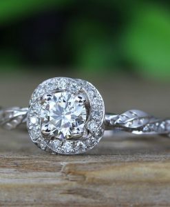 Moissanite Unique Bridal Engagement Ring Set, Matching Diamond Halo Engagement Ring - Image 3
