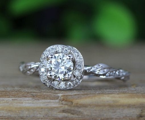 Moissanite Unique Bridal Engagement Ring Set, Matching Diamond Halo Engagement Ring