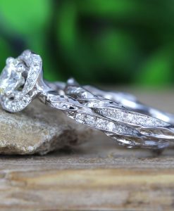 Moissanite Unique Bridal Engagement Ring Set, Matching Diamond Halo Engagement Ring - Image 4