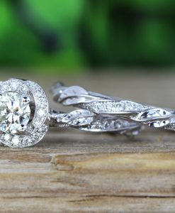 Moissanite Unique Bridal Engagement Ring Set, Matching Diamond Halo Engagement Ring - Image 5