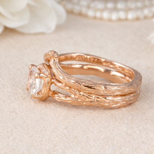 Wedding Set with Moonstone Wood Engagement Ring, Bridel Set Twig Ring