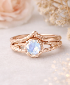 Wedding Set with Moonstone Wood Engagement Ring, Bridel Set Twig Ring - Image 11