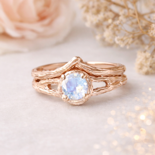 Wedding Set with Moonstone Wood Engagement Ring, Bridel Set Twig Ring
