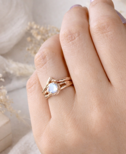 Rose gold twig engagement ring with round moonstone center, nature inspired branch band, handmade organic design, unique stacking ring, rustic bridal jewelry