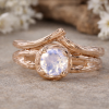 Wedding Set with Moonstone Wood Engagement Ring, Bridel Set Twig Ring