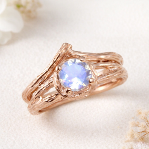 Rose gold twig engagement ring with round moonstone center, nature inspired branch band, handmade organic design, unique stacking ring, rustic bridal jewelry