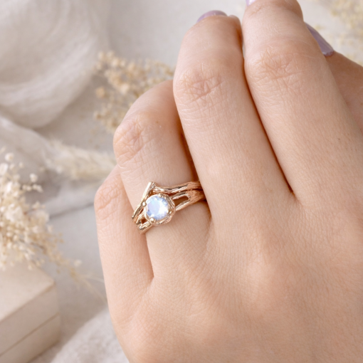 Rose gold twig engagement ring with round moonstone center, nature inspired branch band, handmade organic design, unique stacking ring, rustic bridal jewelry