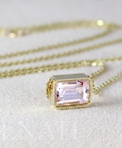 Vintage Emerald Cut Pink Morganite Necklace, Morganite Pendant Solid 14K Rose Gold Chain - Image 2