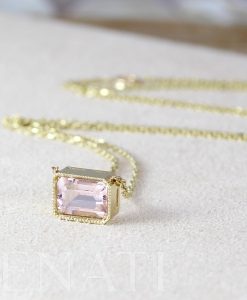 Vintage Emerald Cut Pink Morganite Necklace, Morganite Pendant Solid 14K Rose Gold Chain - Image 3