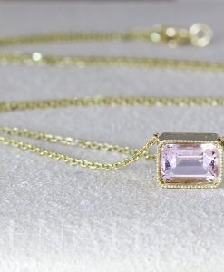 Vintage Emerald Cut Pink Morganite Necklace, Morganite Pendant Solid 14K Rose Gold Chain - Image 4