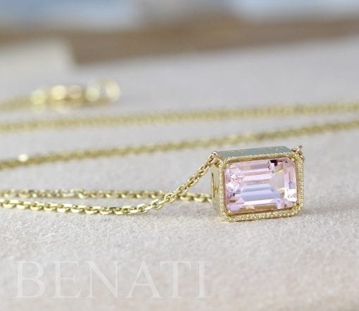 Vintage Emerald Cut Pink Morganite Necklace, Morganite Pendant Solid 14K Rose Gold Chain