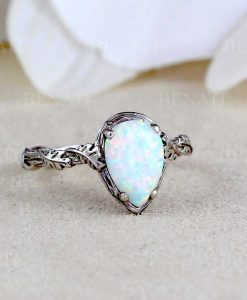 White Opal Silver Ring, Pear Cut Opal Ring - Image 2