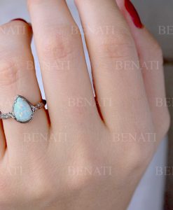 White Opal Silver Ring, Pear Cut Opal Ring - Image 3