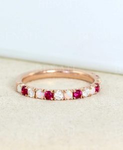 Opal Ruby Diamond Eternity Band, Rose Gold Ruby Opal Wedding Ring - Image 2