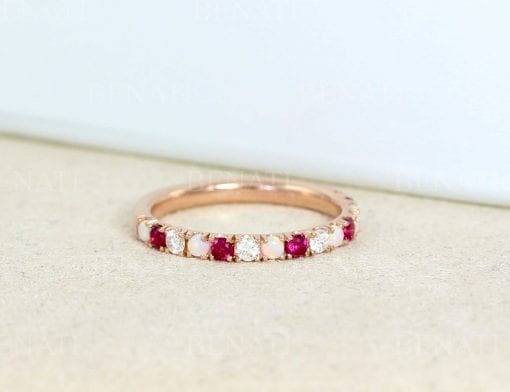Opal Ruby Diamond Eternity Band, Rose Gold Ruby Opal Wedding Ring