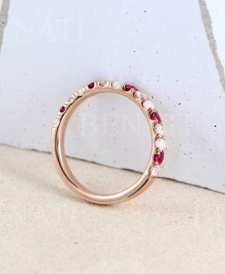 Opal Ruby Diamond Eternity Band, Rose Gold Ruby Opal Wedding Ring - Image 4